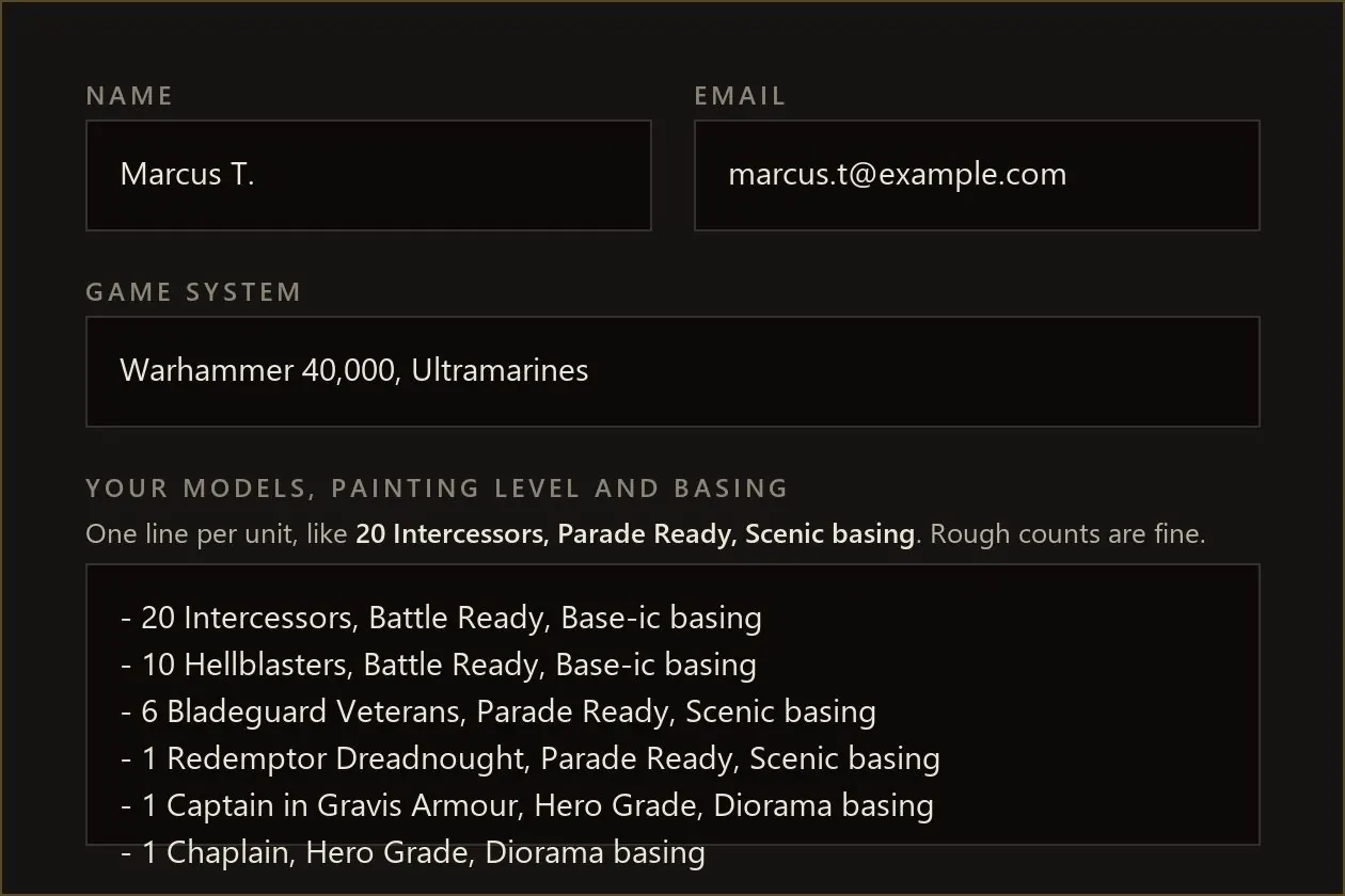 The quote form filled in with a 40k Space Marine army list, painting levels and basing