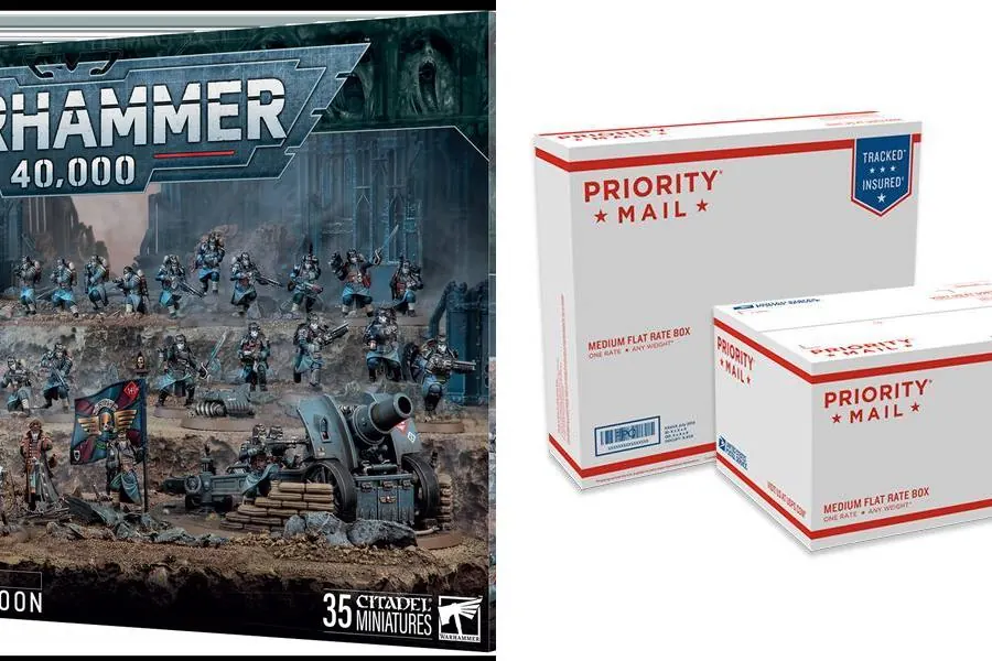 A boxed Warhammer 40,000 battleforce next to a USPS Priority Mail box