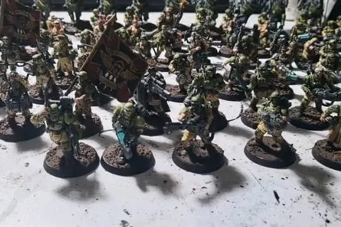 A finished Astra Militarum army lined up for final approval